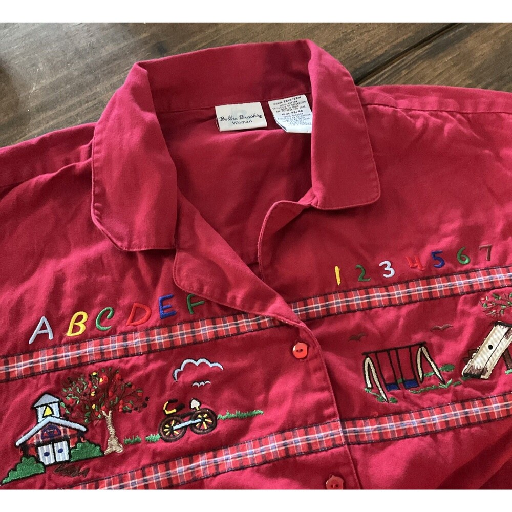 Bobbie Brooks Shirt Women Plus 26W/28W Red Embroidered School Teacher Cotton Top
